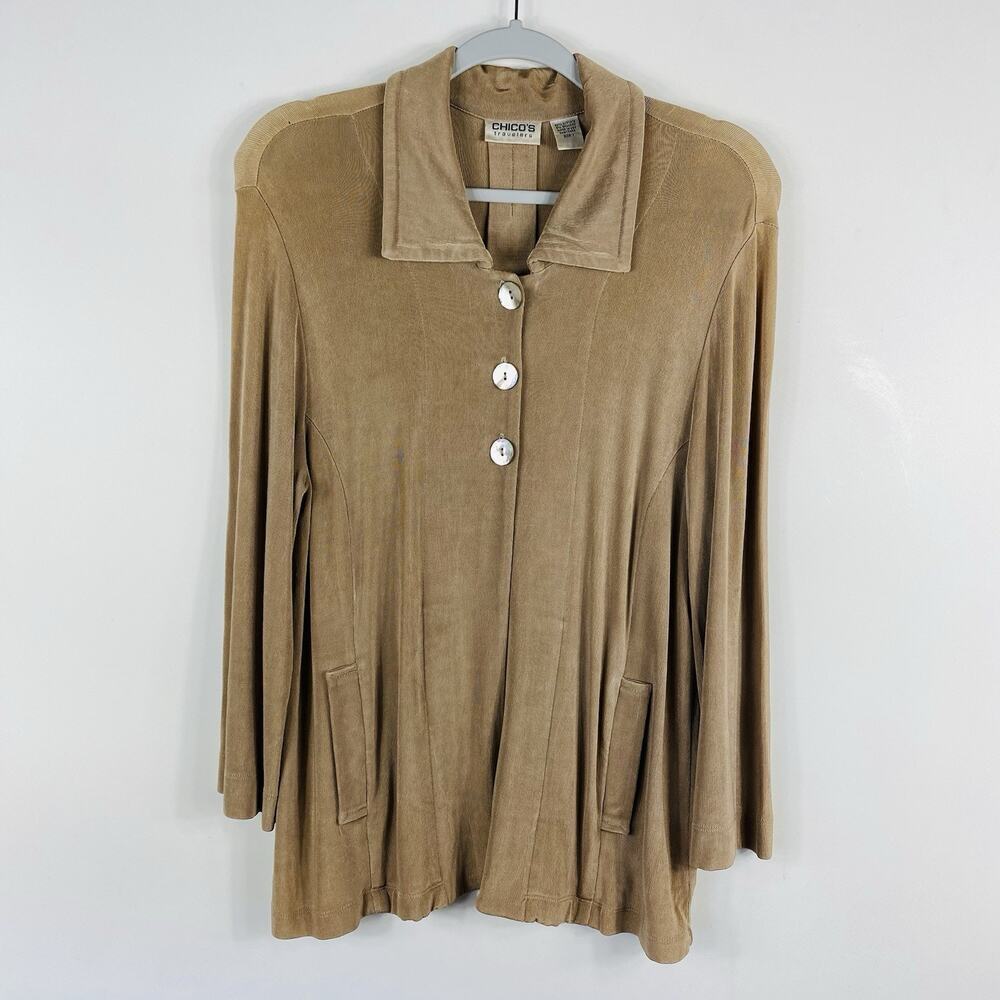 Chico's Travelers Cardigan Medium 1 8 Tan Acetate Topper Jacket Stretch